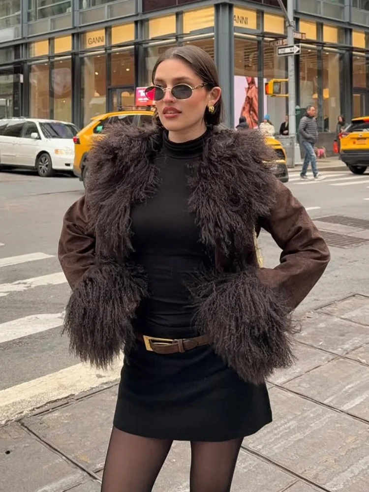 

Faux Fur Patchwork Cropped Jacket Women Lapel Long Sleeve Single Breasted Slim Coat 2025 Fashion Autumn Lady High Street Outwear