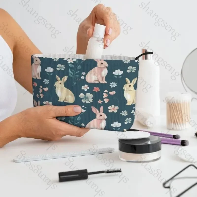 Cosmetic bag toiletry storage bag ladies box, corduroy cosmetic bag, travel zipper storage bags Vintage Blue Floral Rabbit