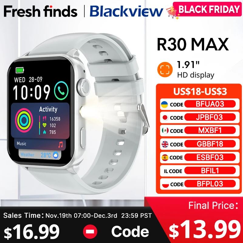 Новые умные часы Blackview R30 Max 2025, Bluetooth, телефонный звонок, светодиодный фонарик, 1,91-дюймовый голосовой помощник, 350 мАч, спортивные часы