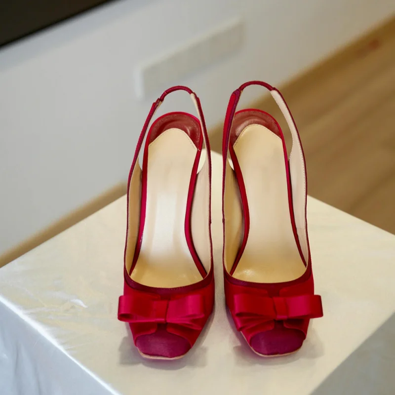 Vintage Satin Red Back Straps Pumps Bow-Knot Ballet Closed-Toe Sandals Square Toe Elegant Women Shoes