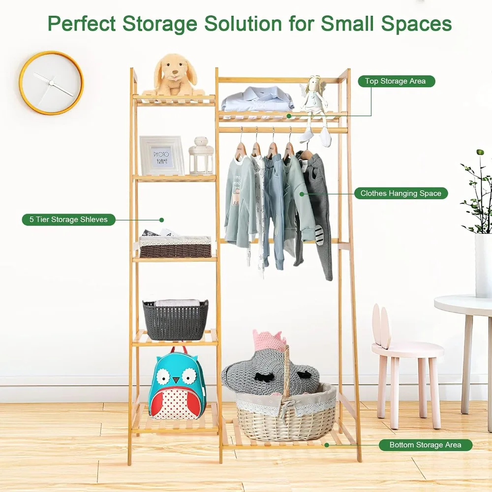 Bamboo Clothes Rack 7Tier Storage Shelves Clothing Hanging Stand Small Spaces Children's Wardrobe Closet,Multifunctional Plant