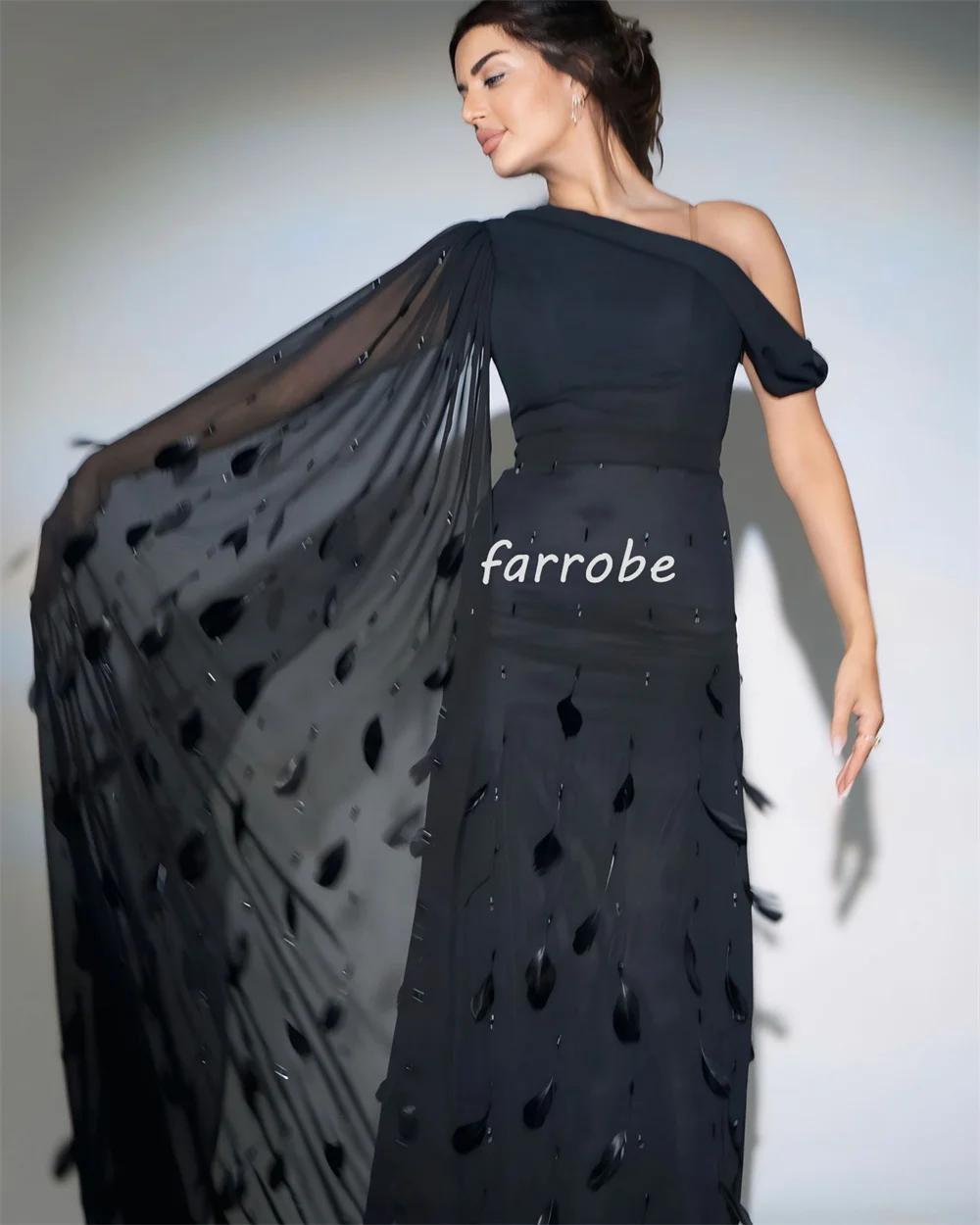 Customized Intricate Chiffon Tassel Feather Rhinestone Straight One-shoulder Long Dresses Bespoke Occasion Dresses Elegant