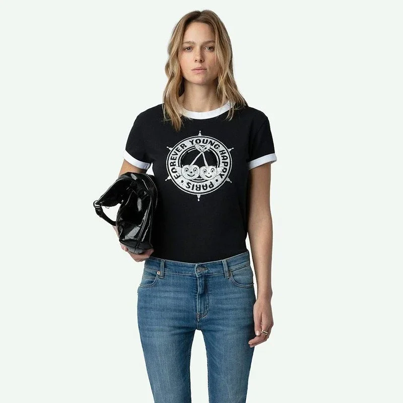 

25 Summer New French Niche Cherry Letter Printing Hot Diamond Sleeves Contrast Color Black Women's Short Sleeve T-Shirt