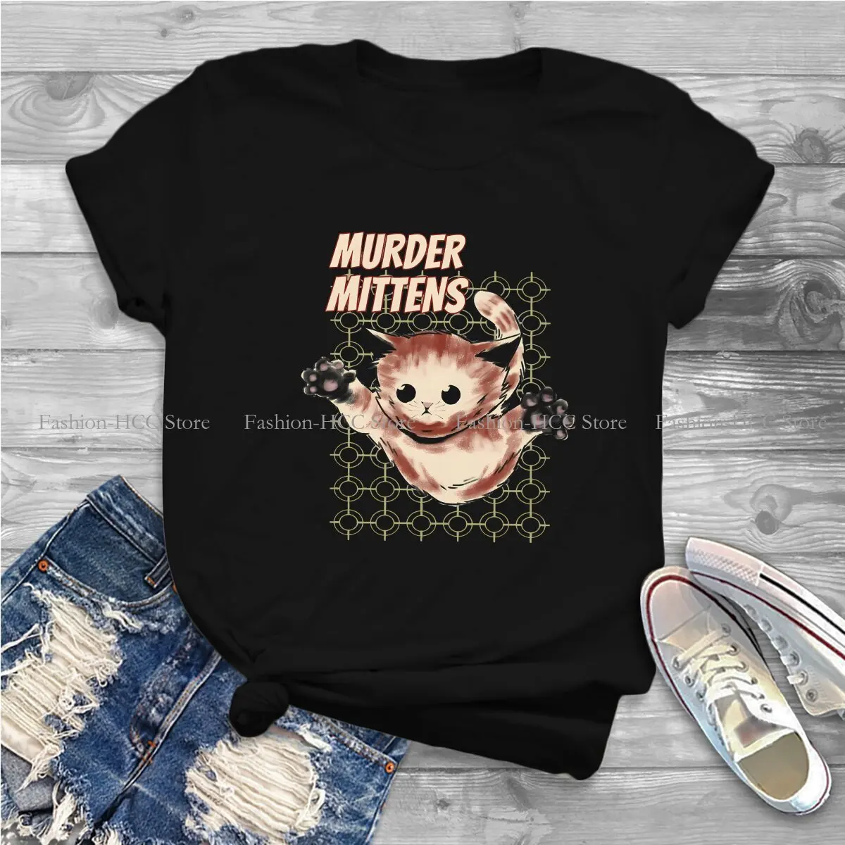 Cute Pounce On You Newest Polyester TShirts Murder Mitten Kitten Female Harajuku Streetwear T Shirt Round Neck