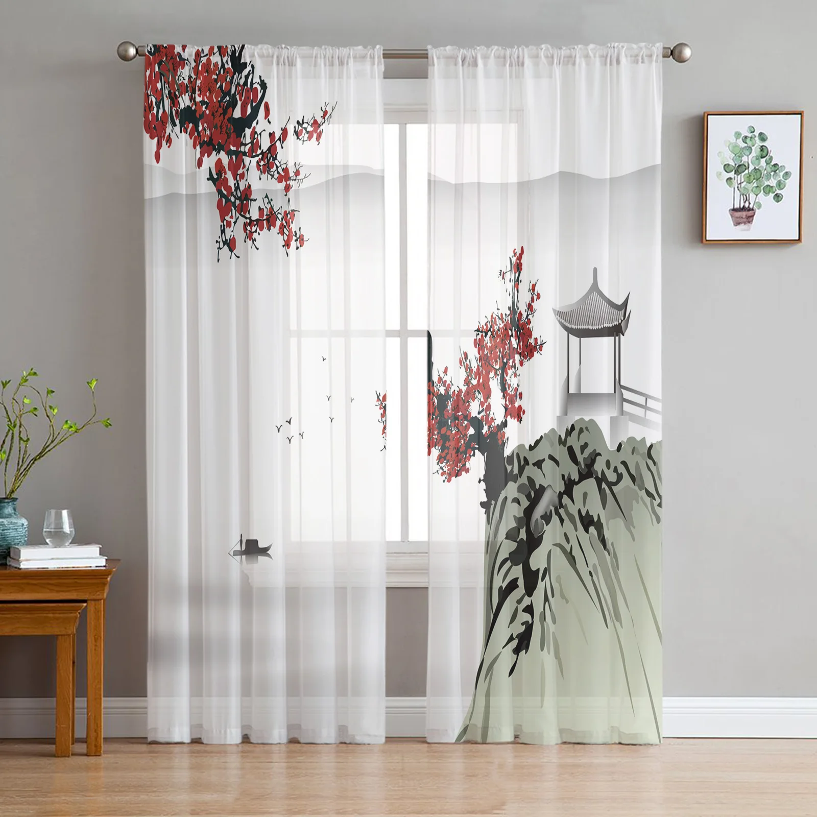 Chinese Style Landscape Painting Sheer Curtains for Living Room Decoration Window Curtains Kitchen Tulle Voile Organza Curtains