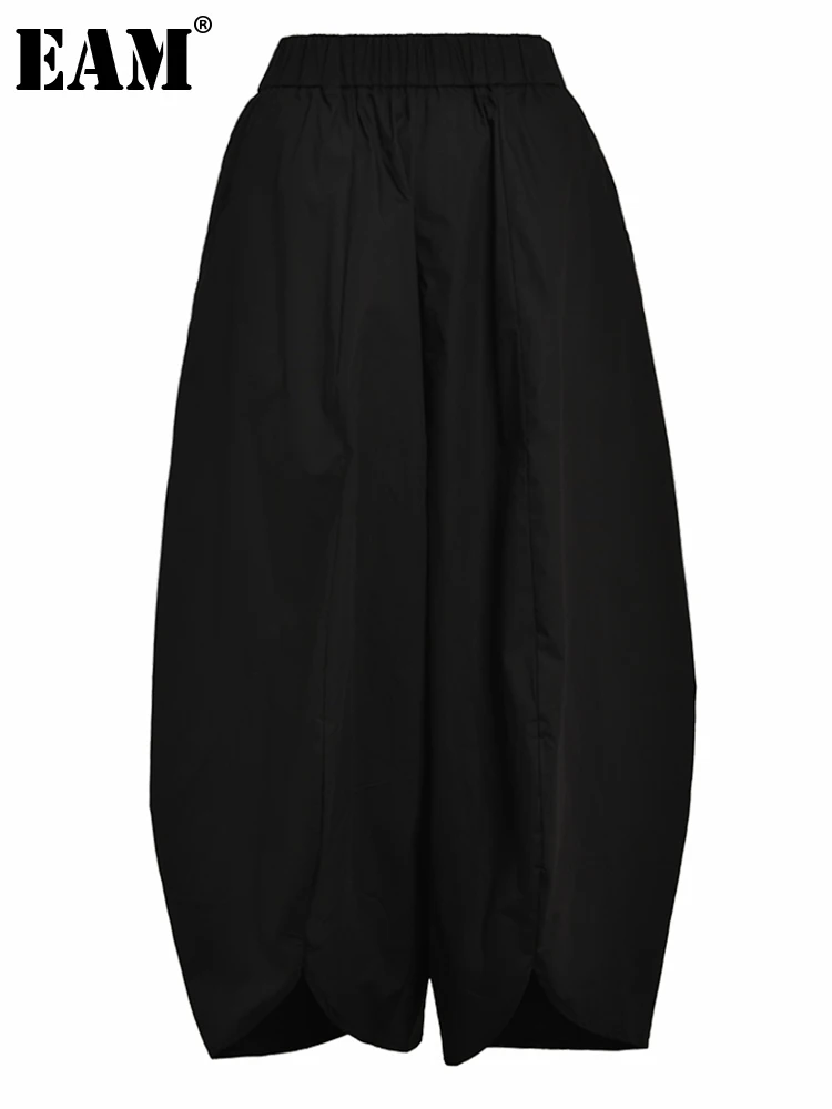 EAM-Pantalones asimétricos de pierna ancha para mujer, pantalón holgado de cintura alta elástica, color negro, a la moda, para primavera y otoño, 2024, 1DE842001