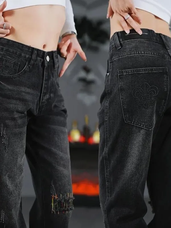 

Модные мужские джинсы с лоскутным дизайном с отверстиями, осень-зима, прямые брюки High Street Sle, утягивающие длинные брюки, повседневные хлопковые брюки...