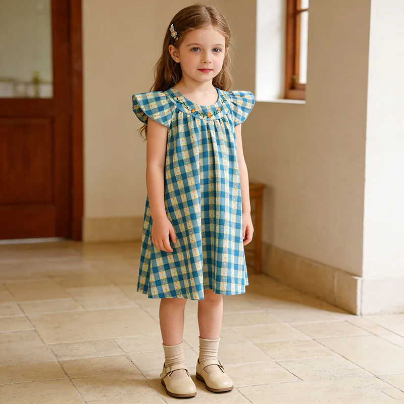 

2026 Summer Girls Dress Plaid Ruffle Sleeve Cotton Casual Kids Dresses Soft Breathable Lightweight Children Clothing