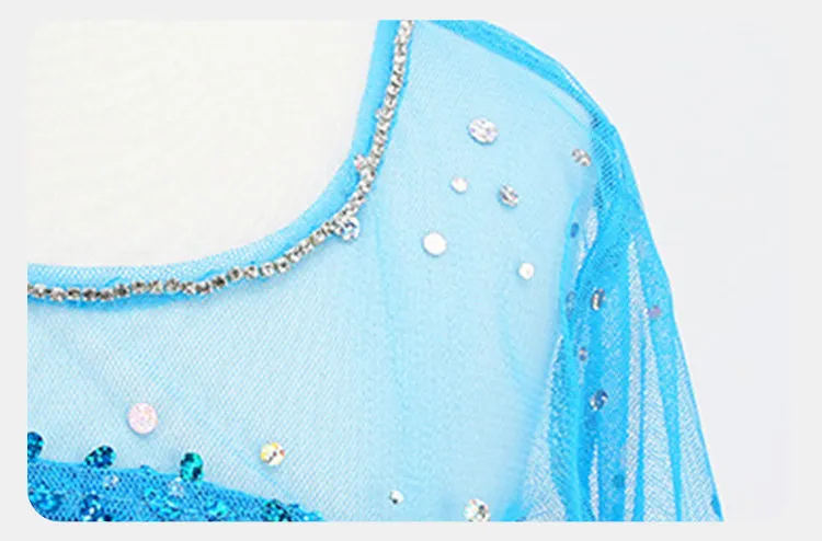 Girl Stunning Princess Maxi Dress All Body Sequin Covered Blue Train Sparkly Tulle Costume Snow Queen Party Elsa Cosplay Outfit - view 4