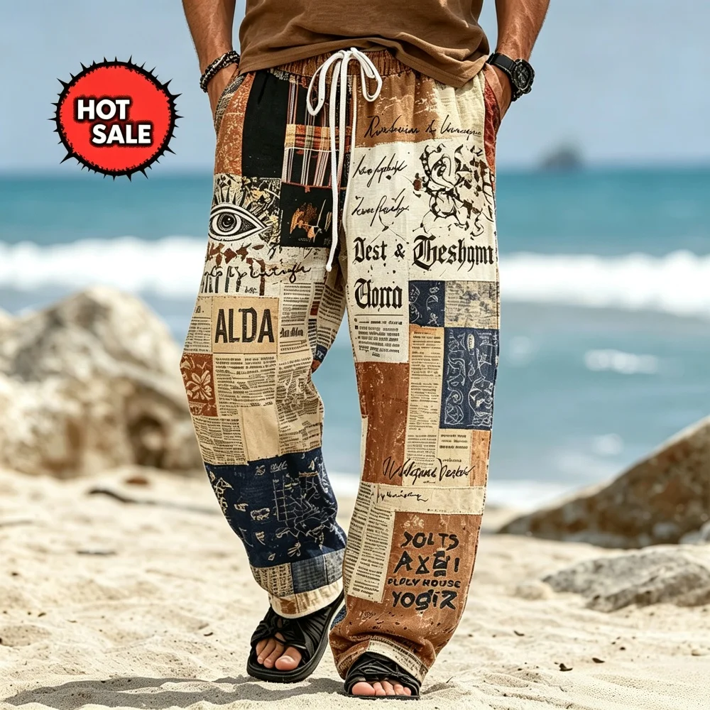 Men's Ethnic Tribal Patchwork Print Drawstring Pants, Casual Boho Trousers for Summer Beach & Vacation