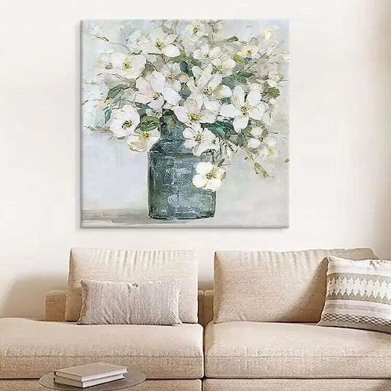 Modern Abstract Simplicity White Flowers Pure Hand Drawn Oil Painting Living Room Dining Room Decoration Painting Sofa Backgroun