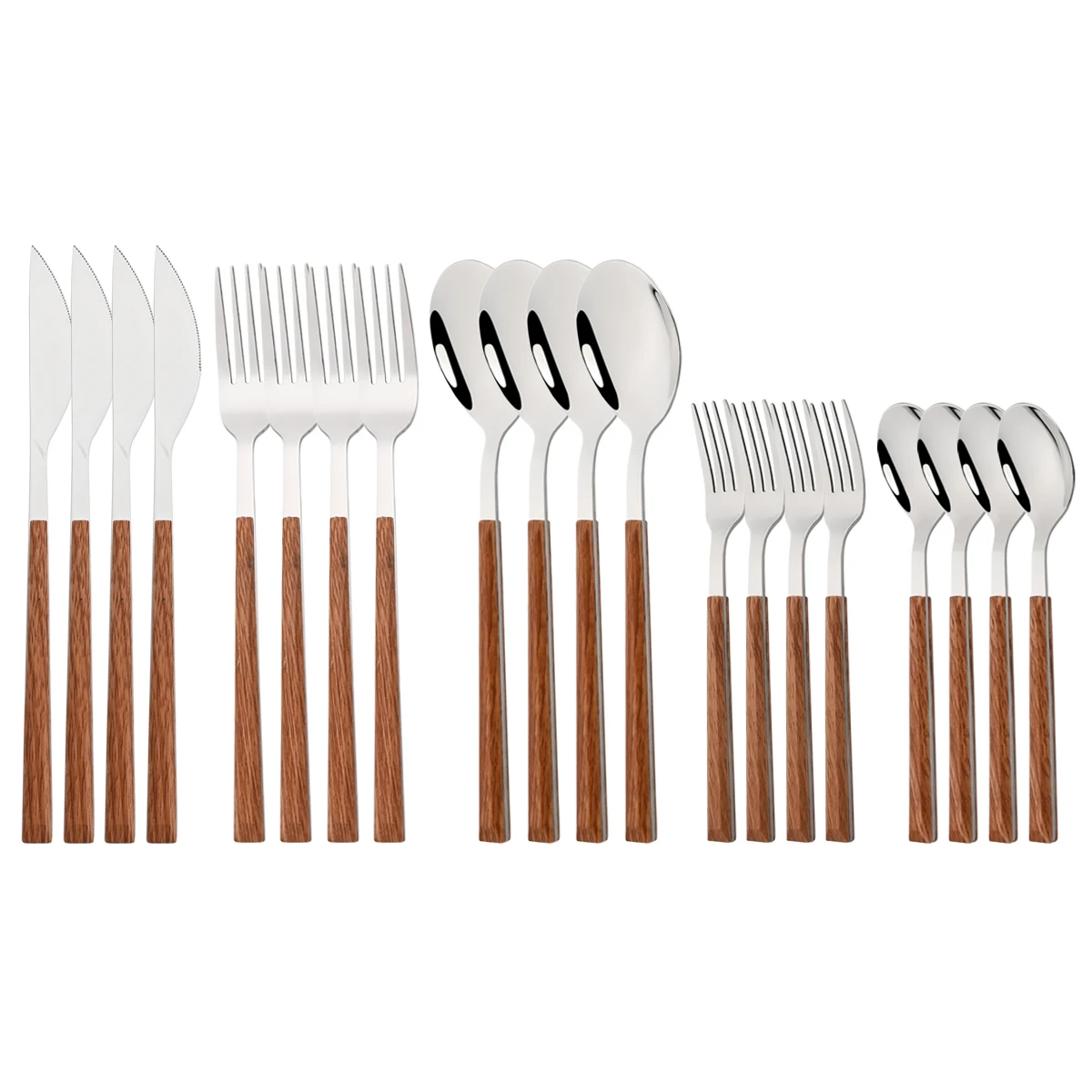 

20Pcs Brown Silver Dinnerware Set Stainless Steel Cutlery Set Imitation Wood Handle Knife Fork Spoon Flatware Kitchen Tableware