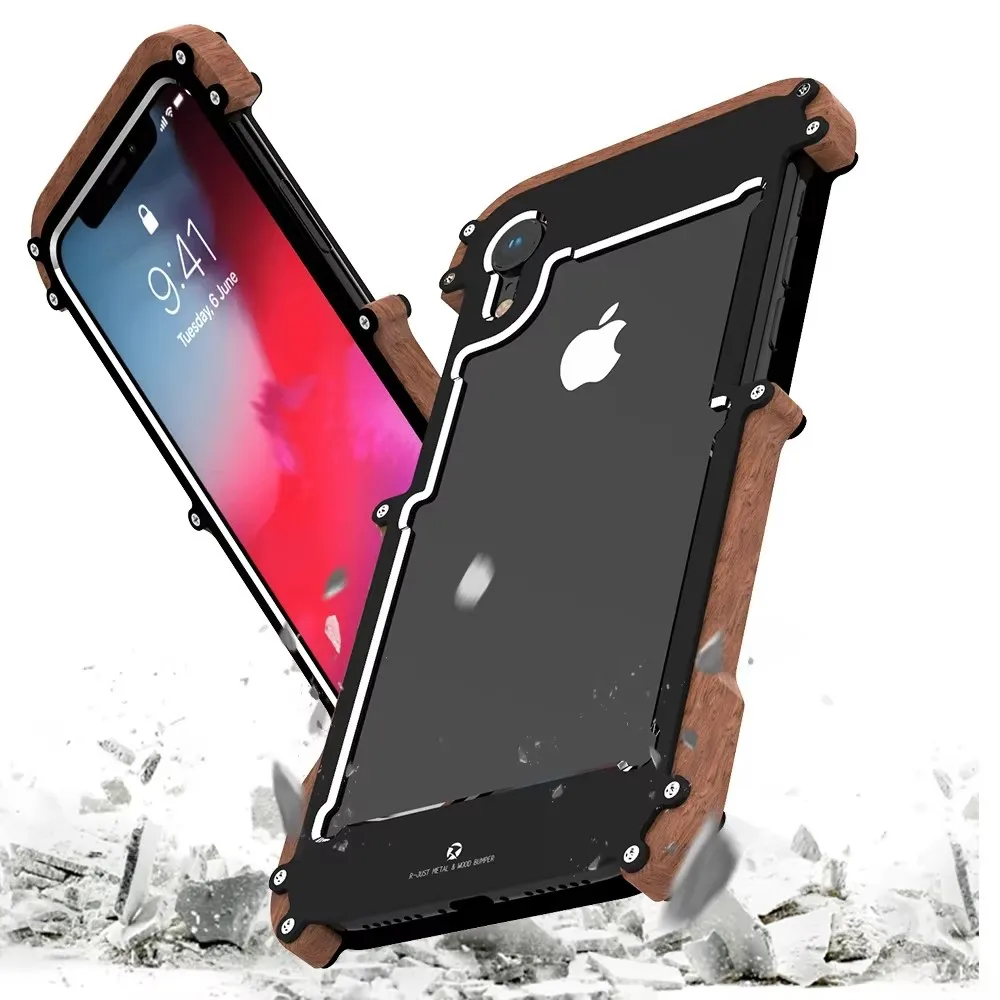 

R-just Ironwood Frame Luxury Aluminum Phone Case For iPhone 16 15 14 Plus 13 12 Pro Max Screw Bumper Shockproof Protection Cover