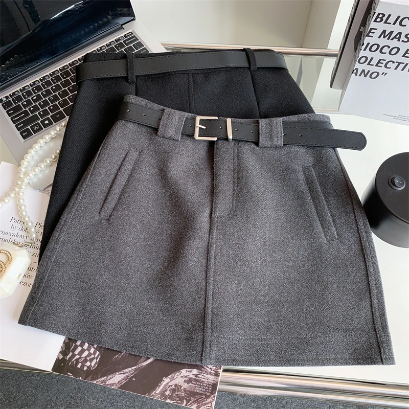 

Bomon Fashion Korean version Simple suit Autumn/Winter new high-waisted slimming retro woolen thickened solid color hip skirt