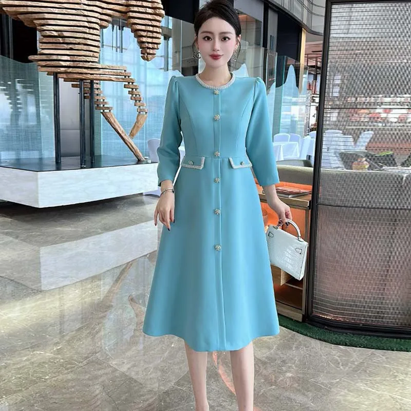 

ZJYT Autumn Designer Beading Elegant Dresses for Women 2024 New Long Sleeve Solid Blue Casual Aline Midi Dress Female Vestidos