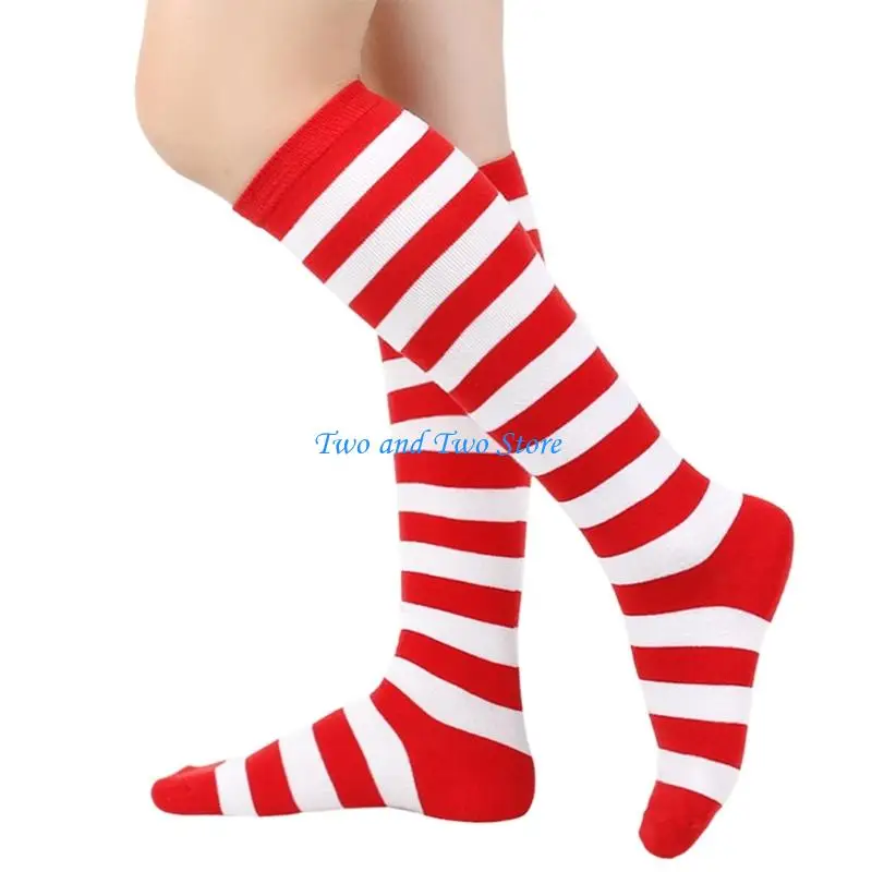 

HX6F Women's Stripe Knee Highs Socks Christmas Stockings Stripe Calf Socks Halloween Party