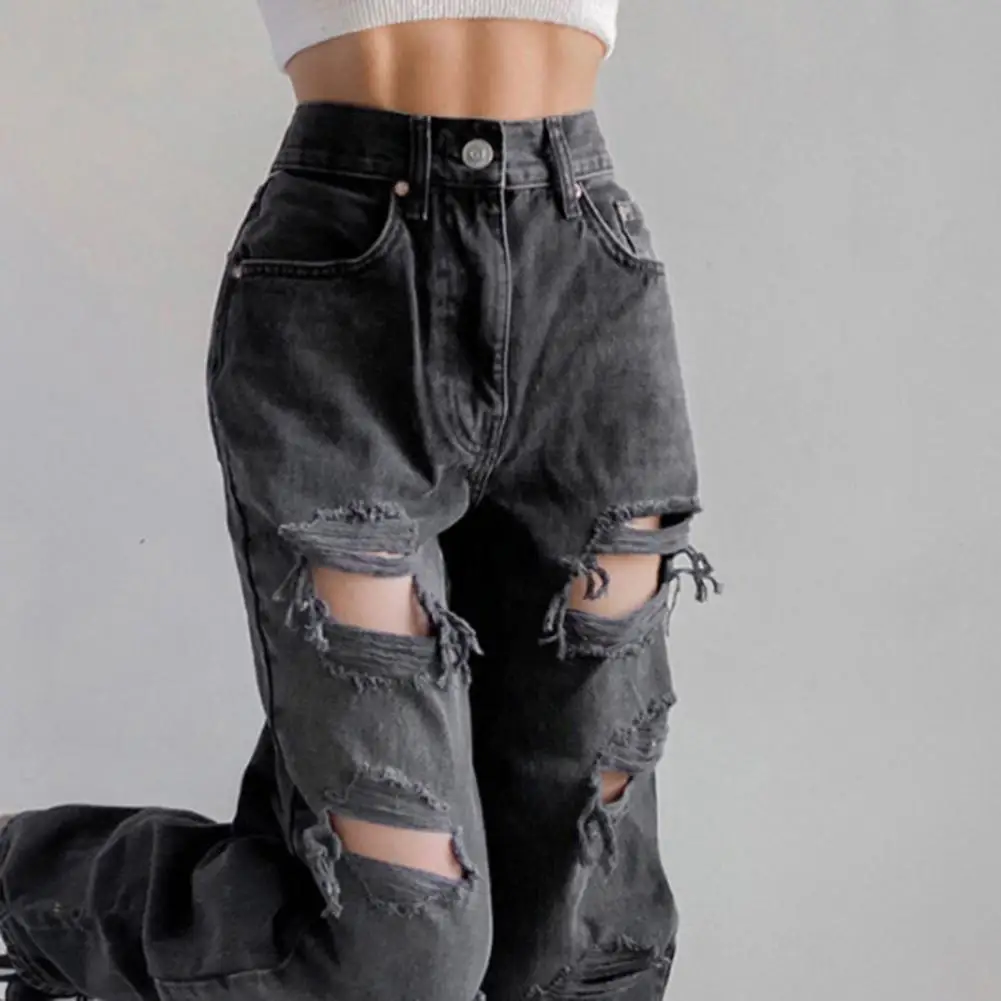 

Brown Ripped Vintage Woman's Distressed Jeans Streetwear Hole Hip Hop High Waist Pants Fashion Straight Denim Trousers Ladies