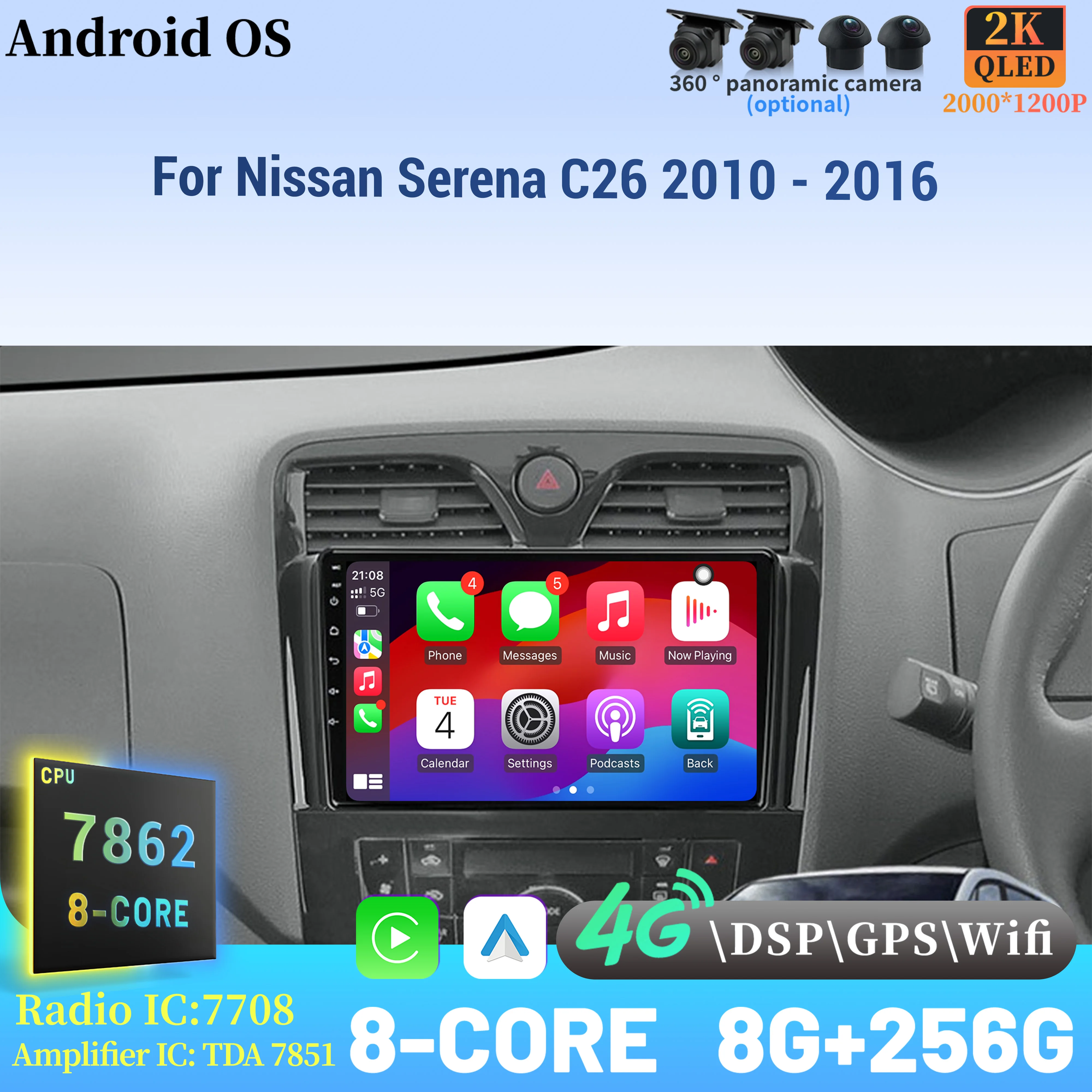 

For Nissan Serena C26 2010 - 2016 Wireless BT CarPlay Android 14 Radio Car Multimedia Player Touch Screen