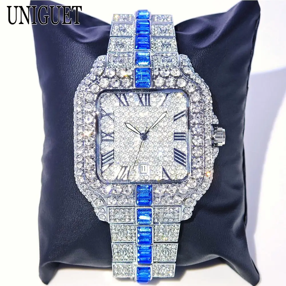 2025 Hot Sell Fashion Blue Ice Watch Men Luxury Steel Hip Hop Diamond Square Quartz Male Wristwatch With Calendar Droshipping