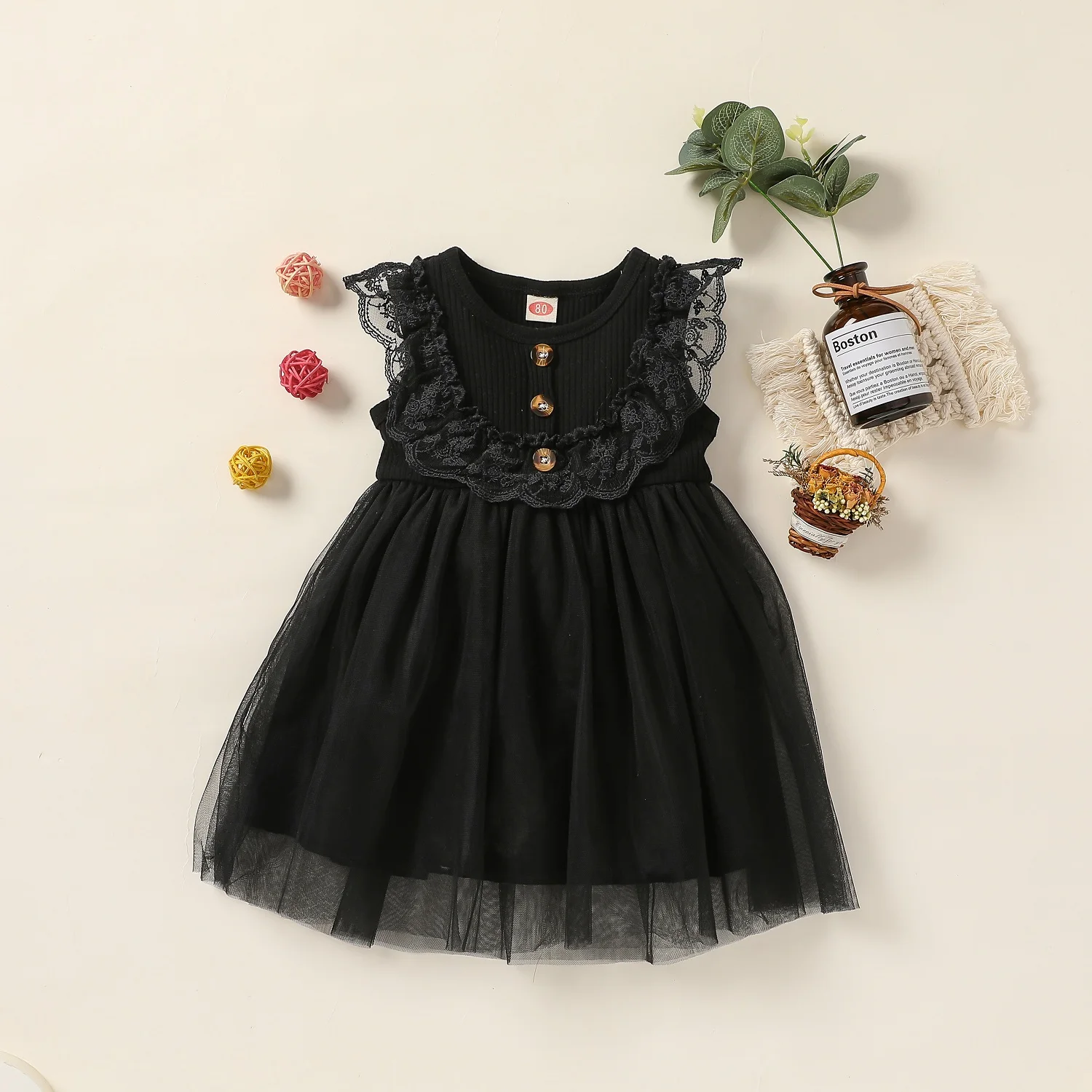 2024 New The Baby Girls' Elegant Sleeveless Summer Lace Button Black Dress