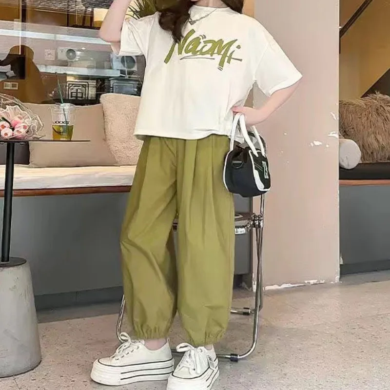 2024 summer Child set Clothes Girls tracksuit letter t shirt + green Sport Ankle-tied pants Kid Teenager 5 6 7 8 9 10 11 12 year