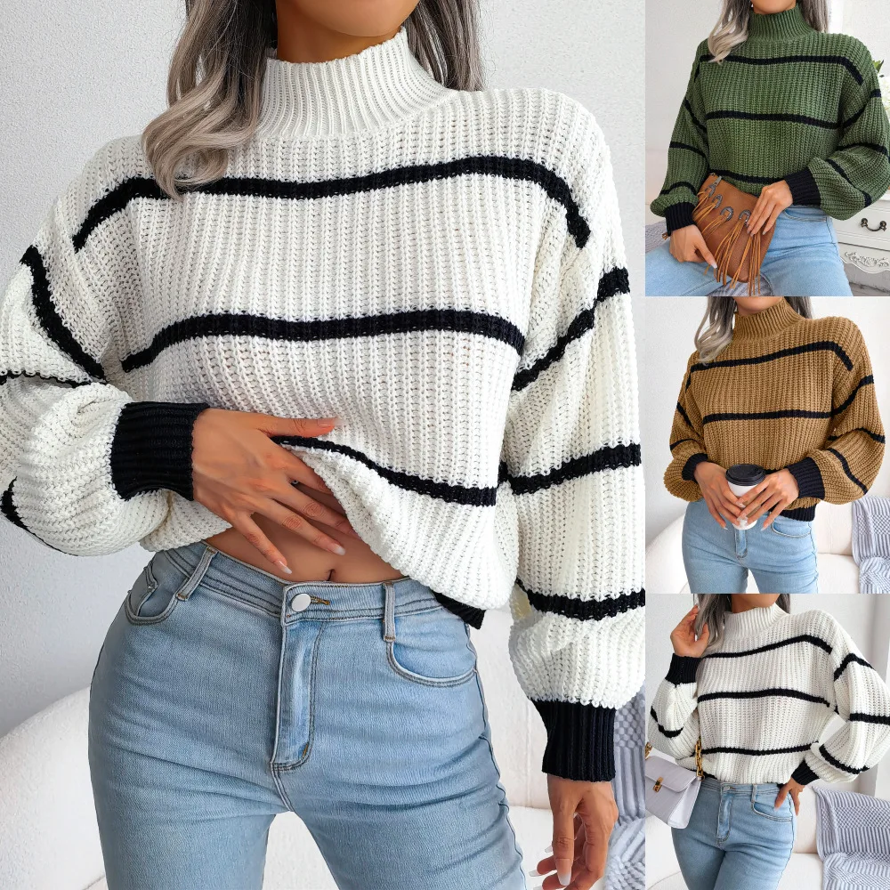 

Autumn And Winter Women's Casual Striped Lantern Sleeve Half High Neck Knitted Sweater Female &Lady Fashion Versatile Spring Top