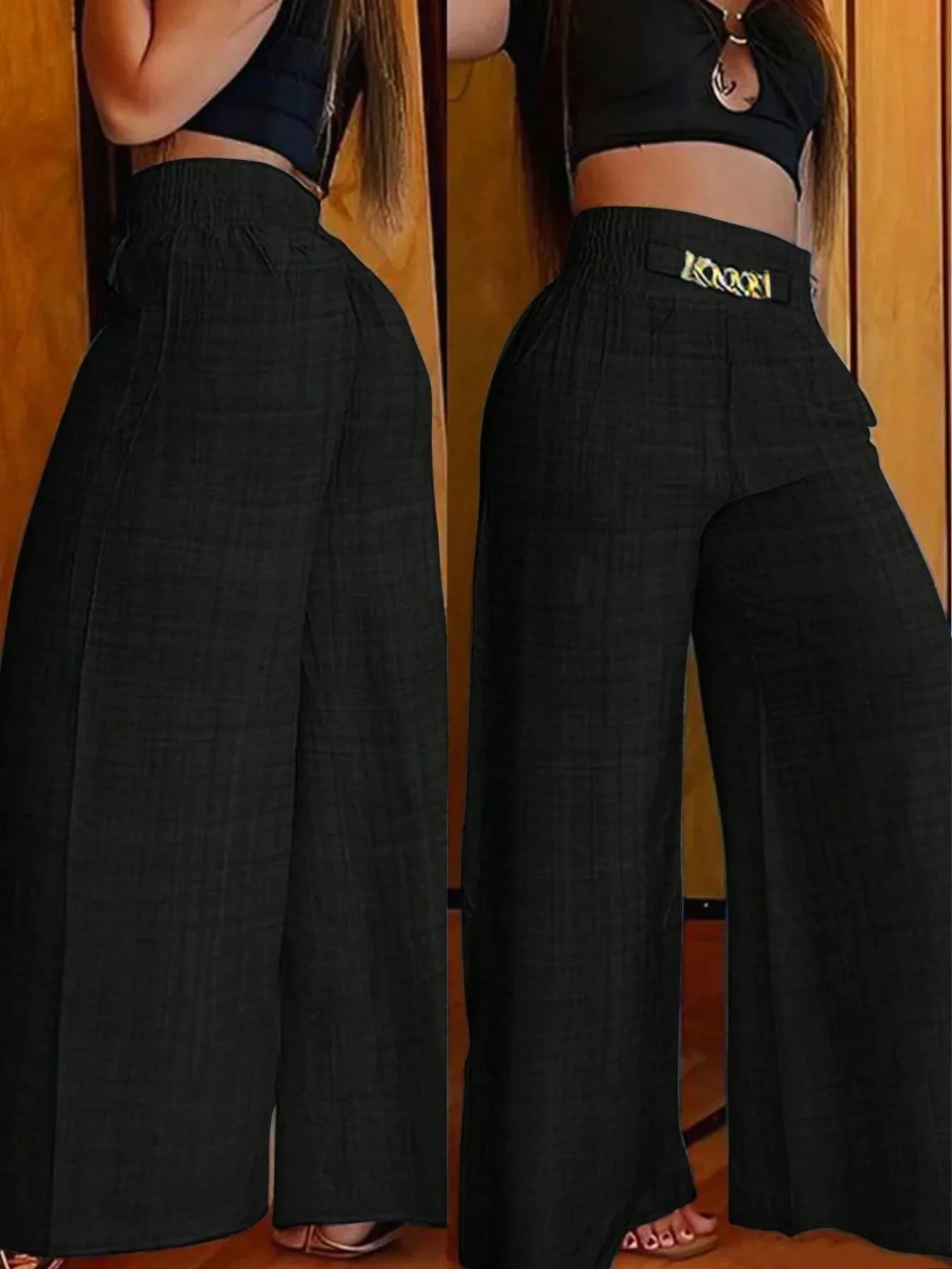 Ein Stück strukturierte Damenhose mit hoher Taille und weitem Bein, leichte Hose mit Metallverzierung im Pendlerstil