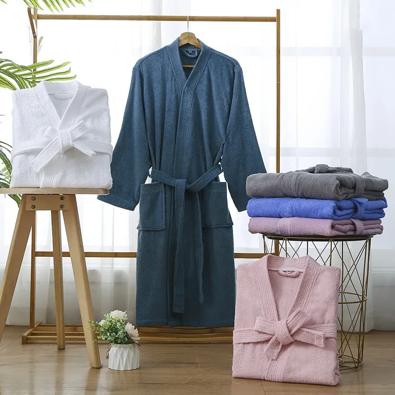 Women Pure Cotton Towel Fabric Bathrobe For Spring Autumn, Long Sleeve Soft Absorbent Quick Dry Loungewear For Home Daily Use