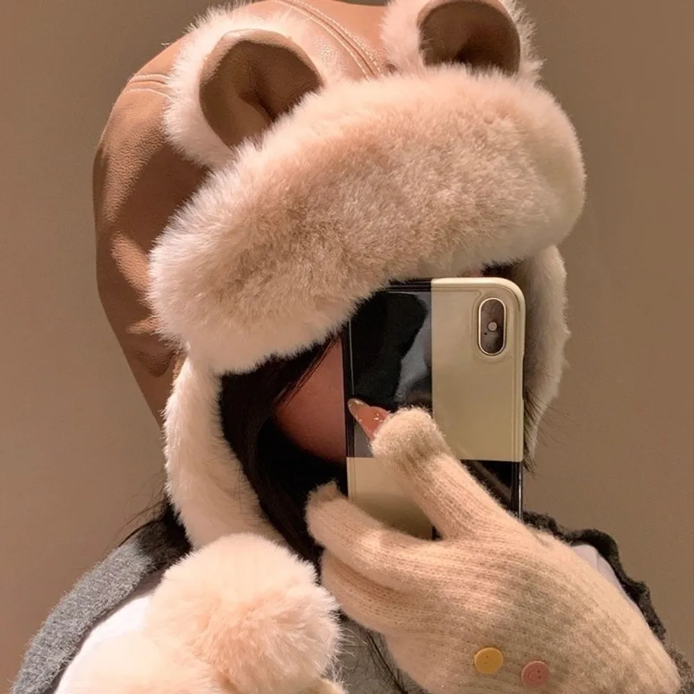 Cálido gorro de piel sintética con orejas de oso, con orejeras, a prueba de viento, cálido para el invierno, con pompón, a prueba de frío, tipo Ushanka, para mujer.
