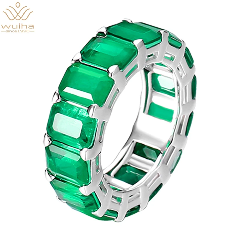 WUIHA Luxury Real 925 Sterling Silver 5*7MM Emerald Created Moissanite Gemstone Row Ring Wedding Cocktail Fine Jewelry Wholesale