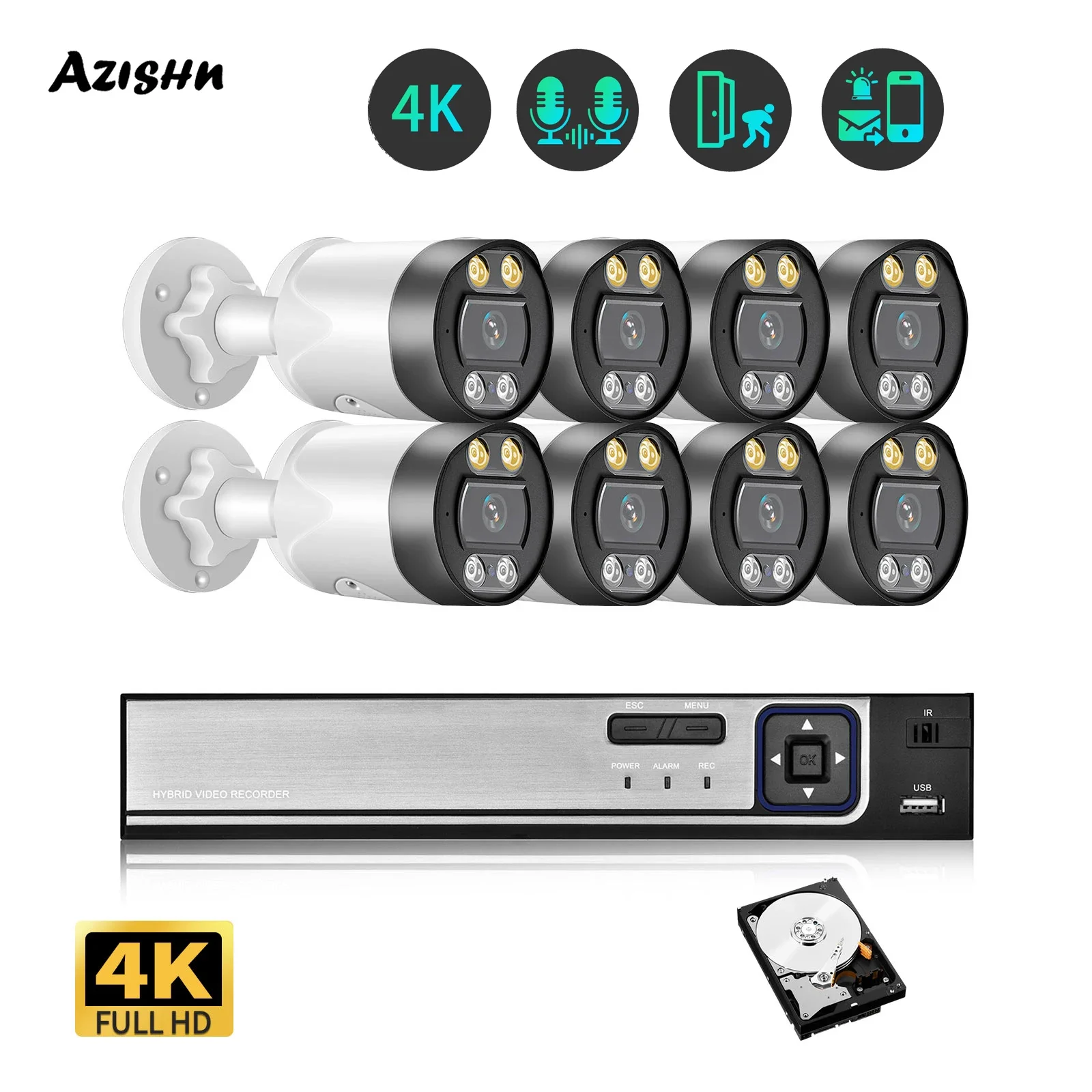 AZISHN 4K Security Camera System 8CH HD POE NVR Kit P2P Two Way Audio CCTV Video Surveillance Set Whit Night Vision IP 8MP Camer