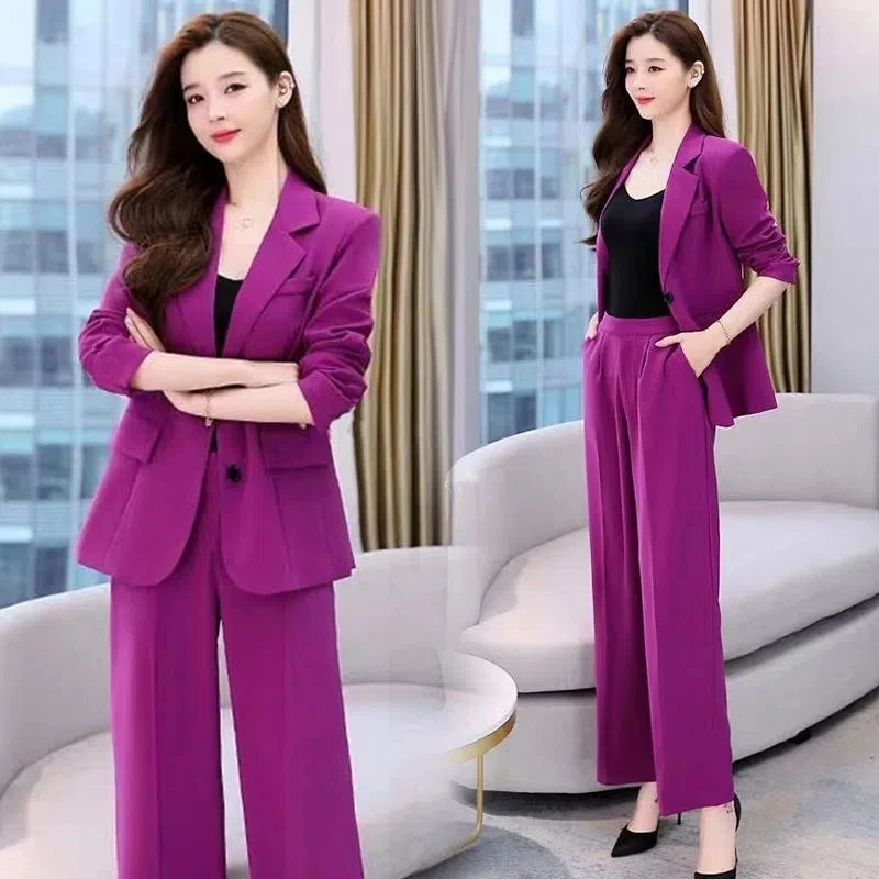 Jaqueta blazer sem forro coreana e calças largas para mulheres, senhora do escritório, terno elegante, roupas femininas, primavera, conjunto de 2