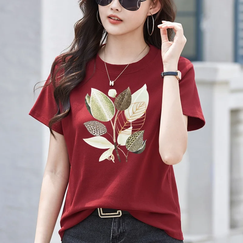Summer New Short Sleeved Women's T-shirt Design Printing Diamond Round Neck Loose Top Casual Streetwear Ladies Tees Shirt