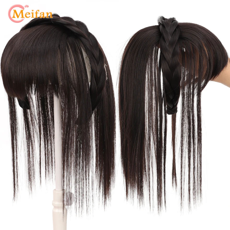 MEIFAN Synthetic Topper Hairpiece With Braids Headband Bangs Fringe Bands Heat Resistant Bangs Clip in Hair Extensions Hairpiece