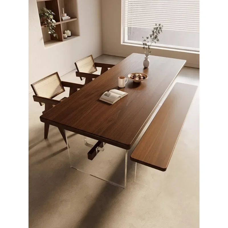 

Walnut dining table small apartment household log rectangular acrylic suspended solid wood computer desk