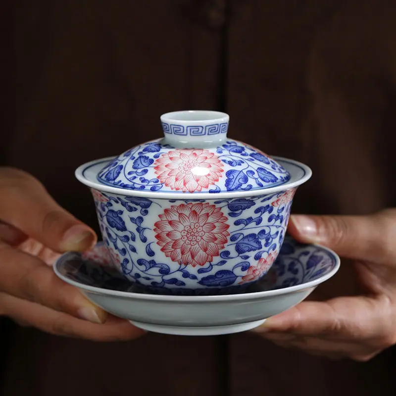 Jingdezhen Vintage Porcelain Gaiwan Blue and White Glazed Red Eight Treasures Tea Brewing Bowl Set Cup with Lid Lidded
