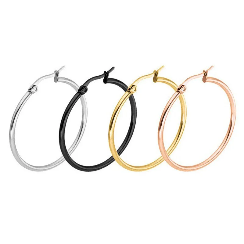 2pcs Stainless Steel Simple Classic Round Circle Hoop Earrings For Women Men, Punk Smooth Big Or Small Huggie Earring Pendientes