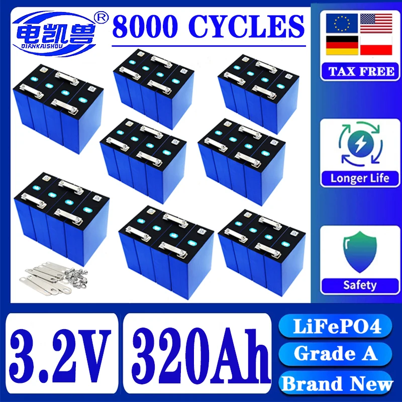 

A-grade EU/US duty-free 3.2V 320Ah 8000 cycle LiFePO4 rechargeable battery suitable for electric vehicles, ships, solar systems