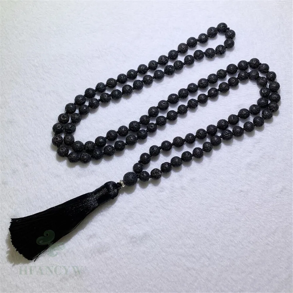 8mm volcanic stone 108 beads Knot tassel Mala necklace Formal event Pendant Tranquility Couples Rustic Meditation Minimalist