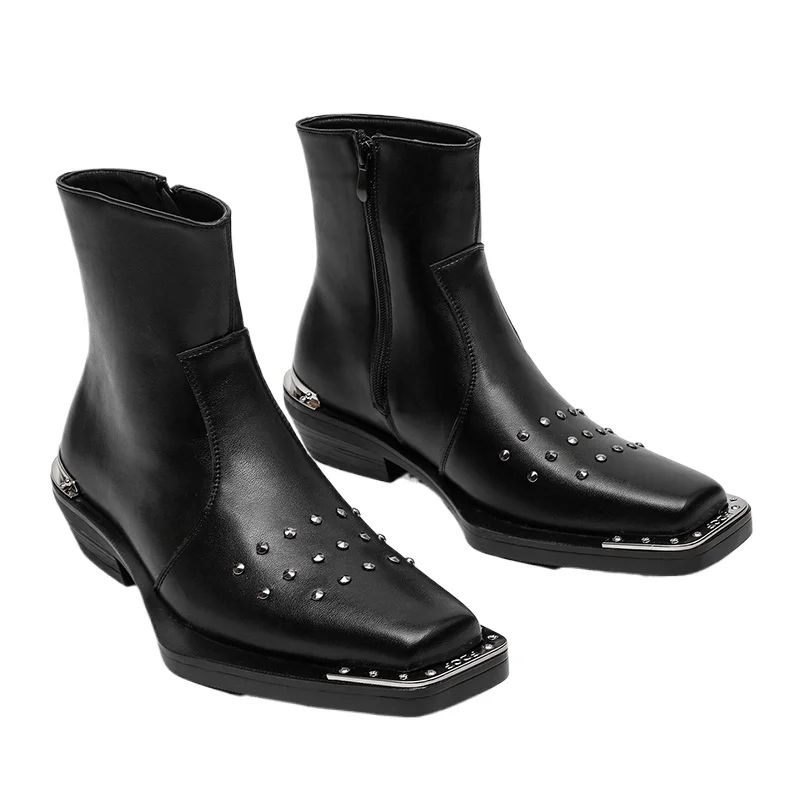 2026 Fashion Dress Shoes Mens Chelsea Boots Thick Sole 3cm Brand Ankle Boots Party Male Footwear Pure Black Plus Size 45 D736
