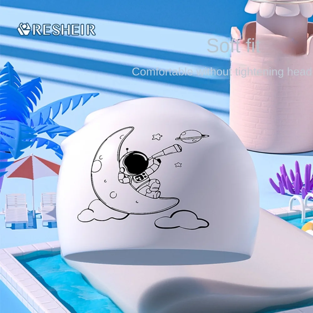 Cartoon Astronaut Pattern Swimming Cap Pool Equipment Silicone Waterproof Diving Hat Elastic Ear Protection Swimming Hats