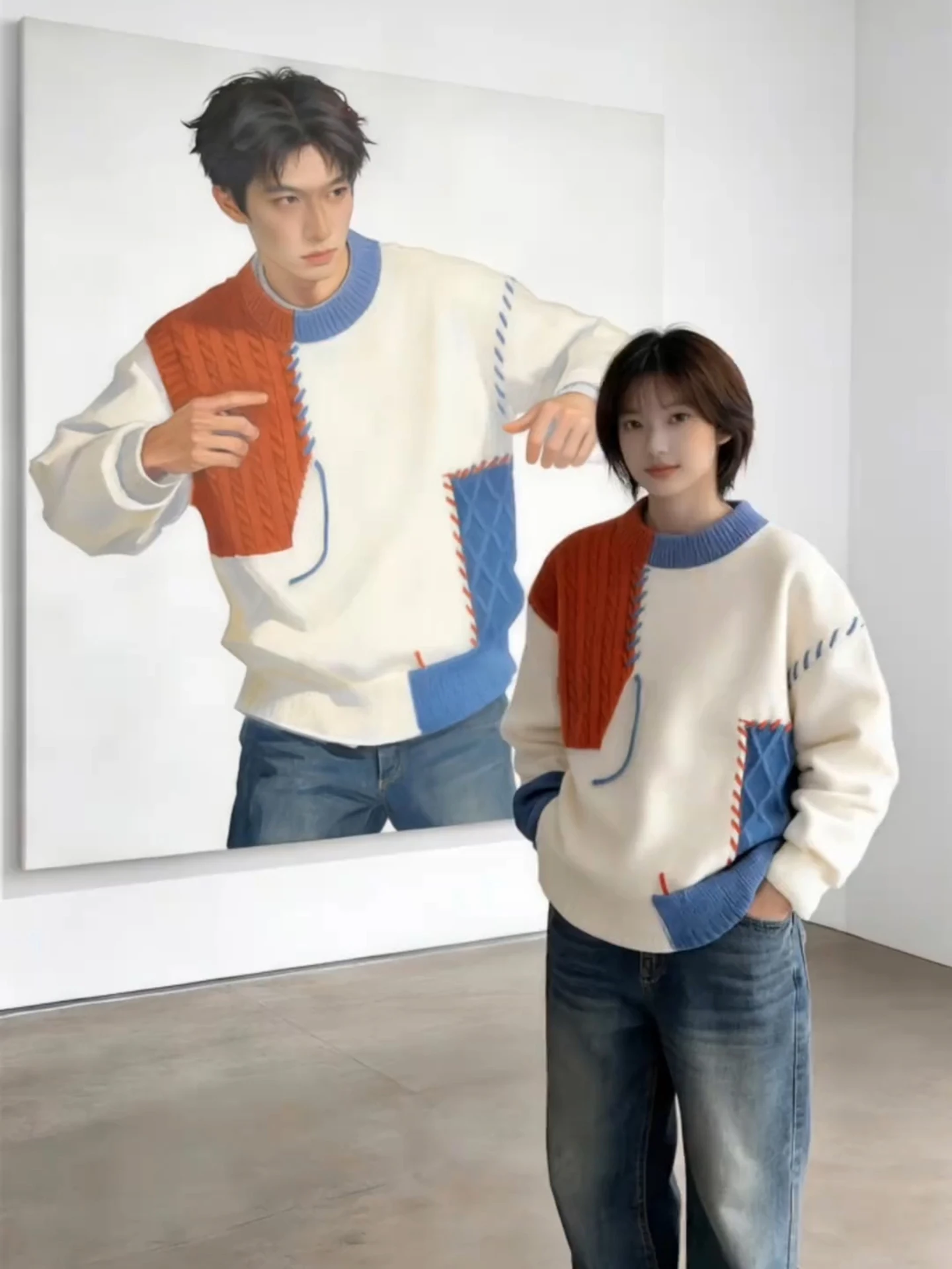 

American Color Blo Thiened round Ne Sweater Men's High Sensation Autumn Winter Korean Sle Lazy Knitted irt Outerwear