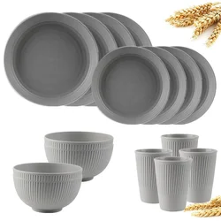 Grey Wheat Straw Cutlery Set 4Pcs/16Pcs Bowl Cup Dish Set Portable Tableware Set Dinnerware Kits for Picnic Camping