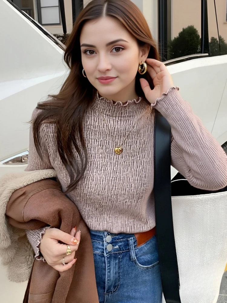 

Модный осенне-зимний женский флисовый свитер с длинными рукавами и грибками, элегантный новый однотонный пуловер, трикотаж