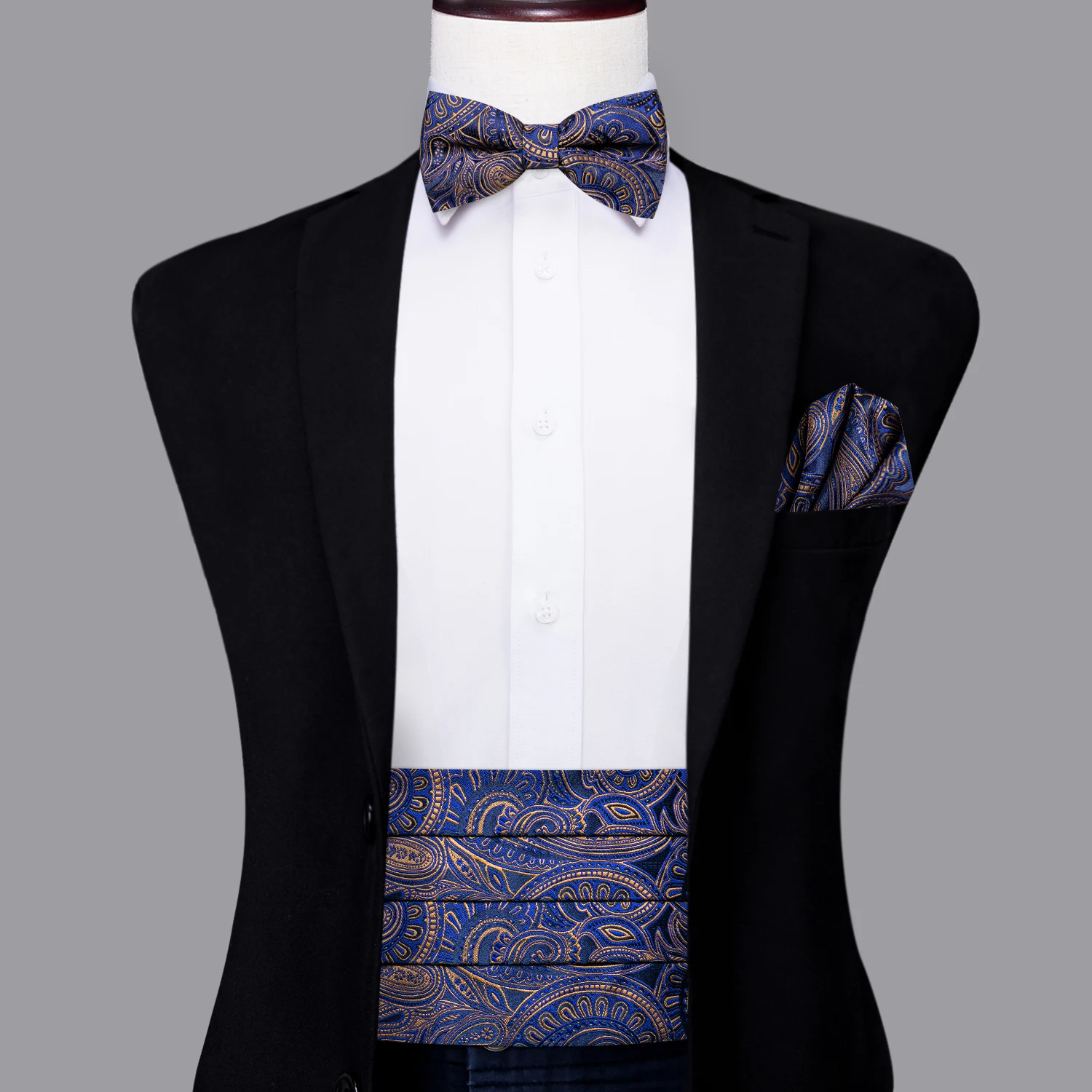 

Hi-Tie Luxury Designer Paisley Navy Blue Gold Cummerbund Bow tie Formal Tuxedo Corset Elastic Belt for Men Wedding Cummerbund