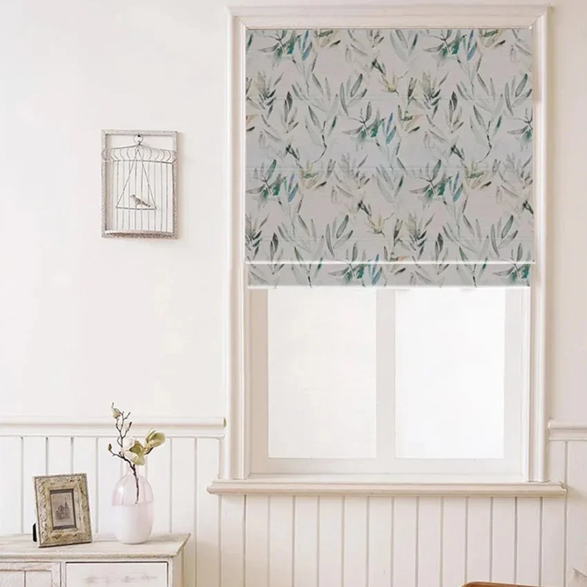 Pastoral Motorized Green Leaves Flat Roman Shades Customized Roman Blinds For Home Easy To Install