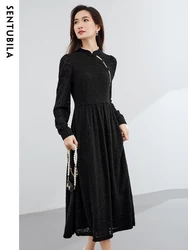 SENTUBILA Lace Jacquard Dress Women Spring Autumn Hollow Out Long Stand Collar Chinese Style Pearl Disk Button Dresses 134L52557