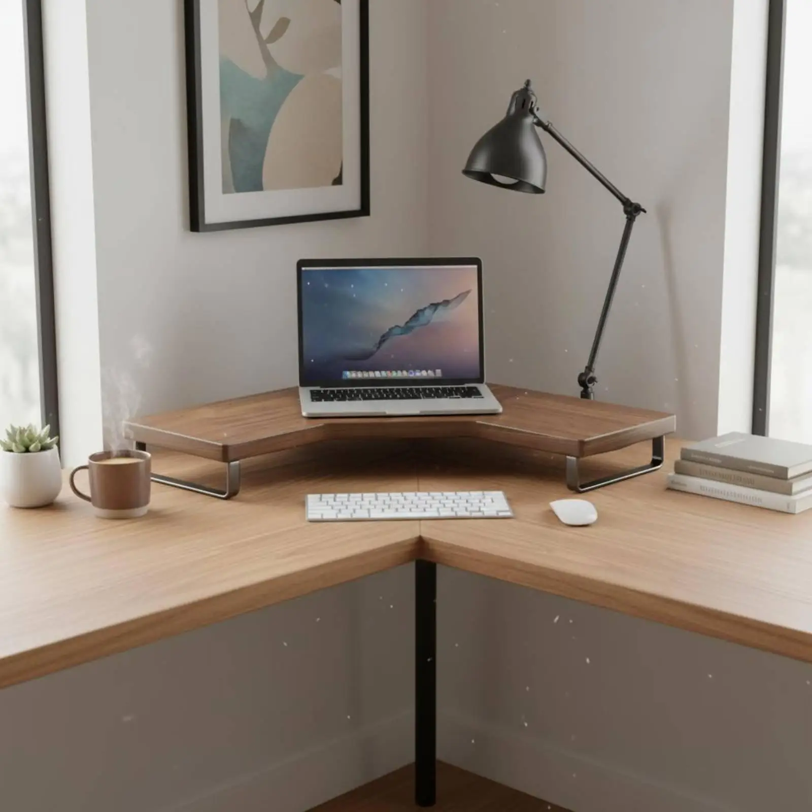 L Shaped Corner Desk Shelf Solid Wood Monitor Stand with Sturdy Iron Frame for Office Desktop Organization
