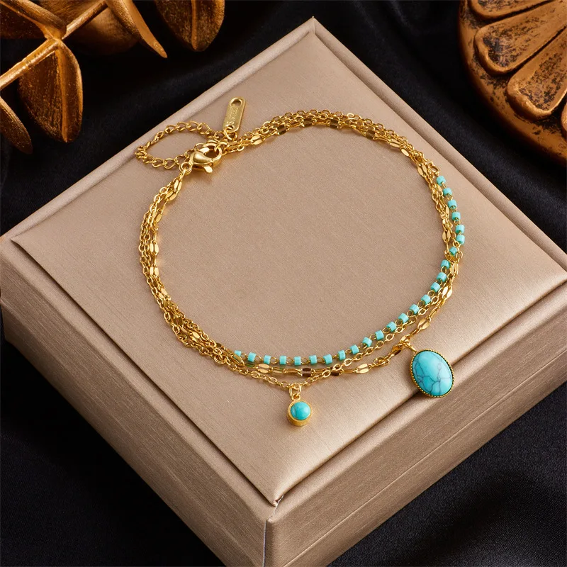 

New Women's Original Multi-Layer Extend Stainless Steel Chain Bracelet with Stone Jewelry Fashion RJ292