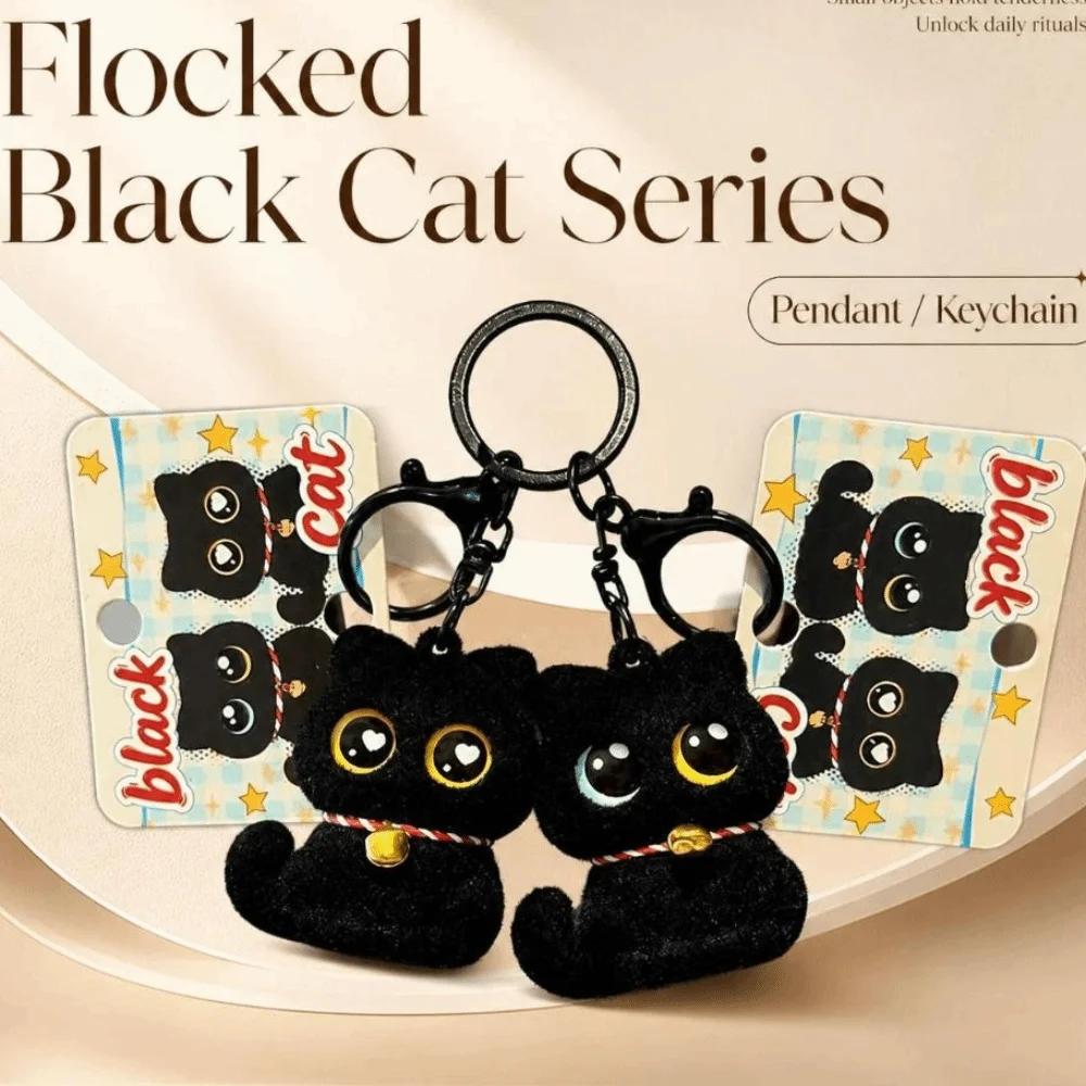 Stylish Flocked Material Cat Keychain Mini Big Eyes Bag Charm Lightweight Black Backpack Pendant Key Handbag Decor